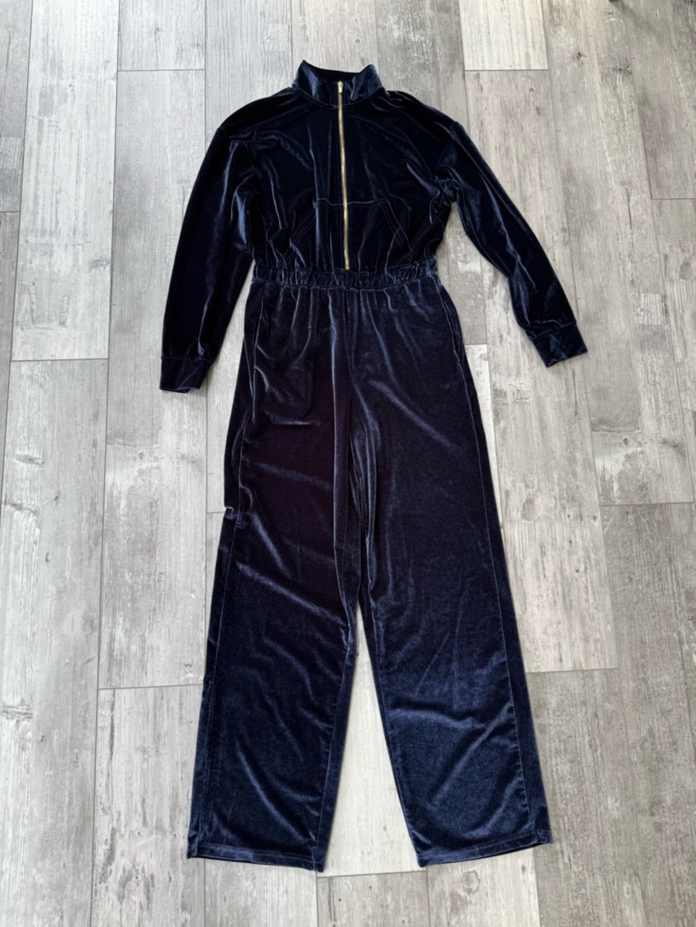Fabletics Velour Zip Up Jumpsuit Medium Navy Wide Leg Onesie Gold Zipper